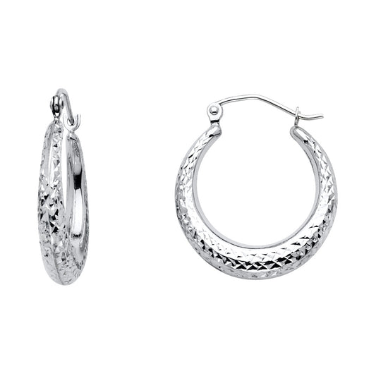 14k White Gold Simple High Polish Hoop Criss Cross Pattern Grooved Earrings