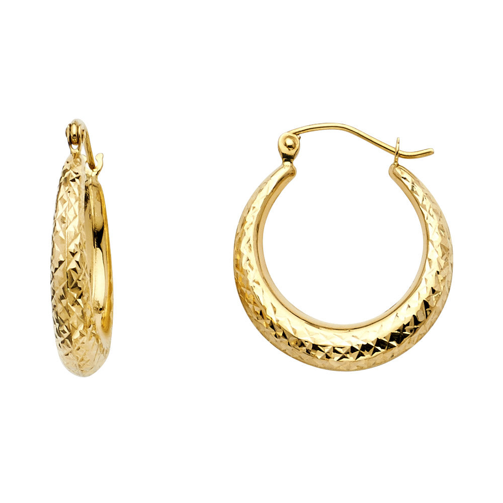 14k Yellow Gold Criss Cross Hoop Grooved Mesh Pattern Hinge Clasp Hoop Earrings