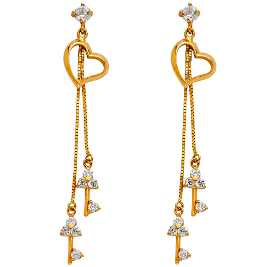 14k Yellow Gold Heart Long Hanging Key Tassel Dangling CZ Open Promise Earrings