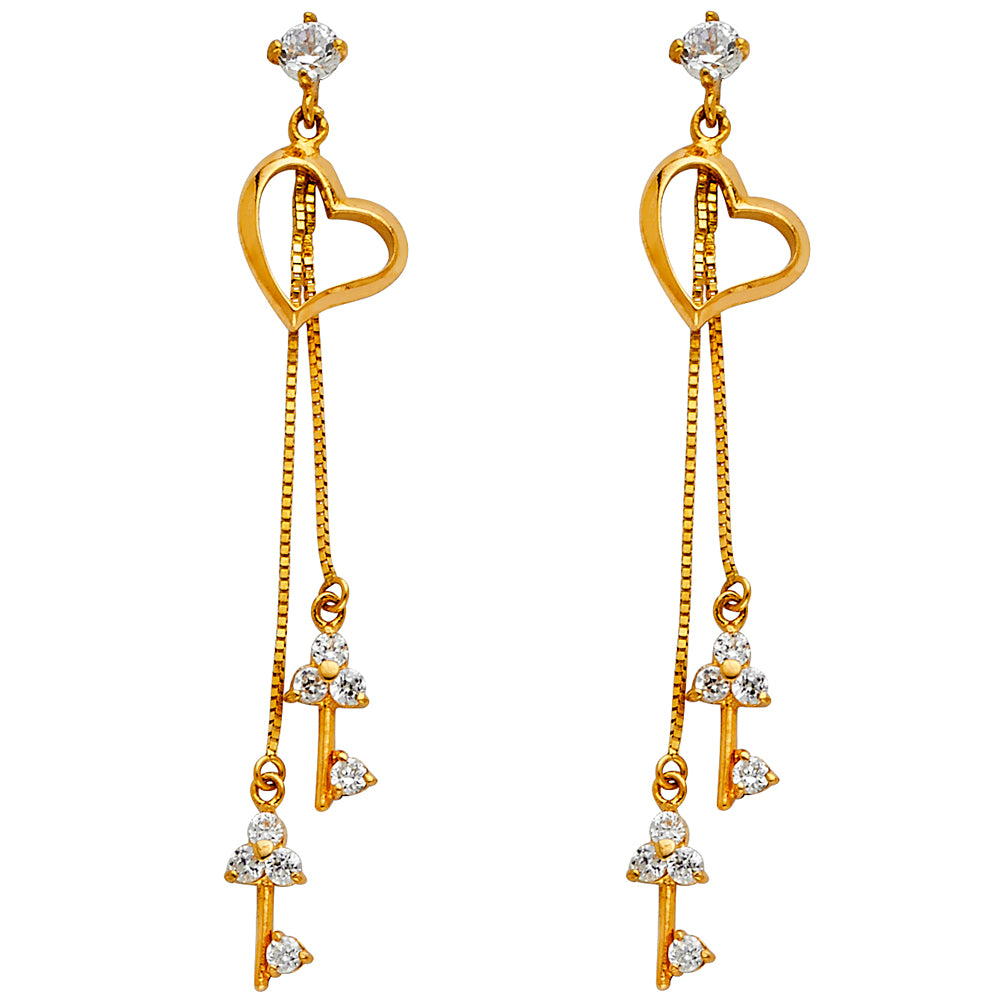 14k Yellow Gold Heart Long Hanging Key Tassel Dangling CZ Open Promise Earrings