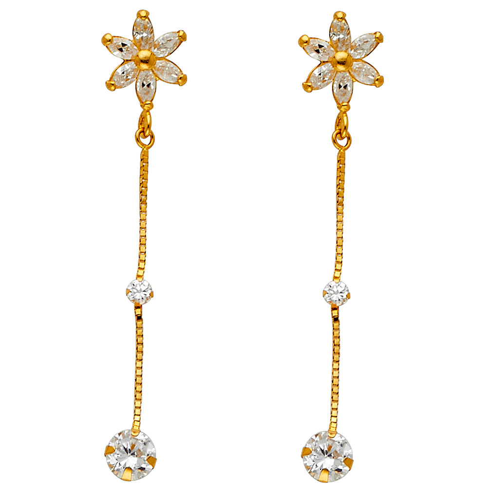 14k Yellow Gold Elegant Marquise Flower Hanging Dangling Earrings
