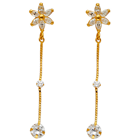 14k Yellow Gold Elegant Marquise Flower Hanging Dangling Earrings