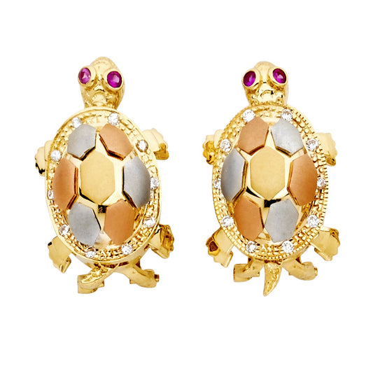 14k Tri-Color Gold Cute Turtle Animal Studded Shell Hexagon Earrings Clear CZ