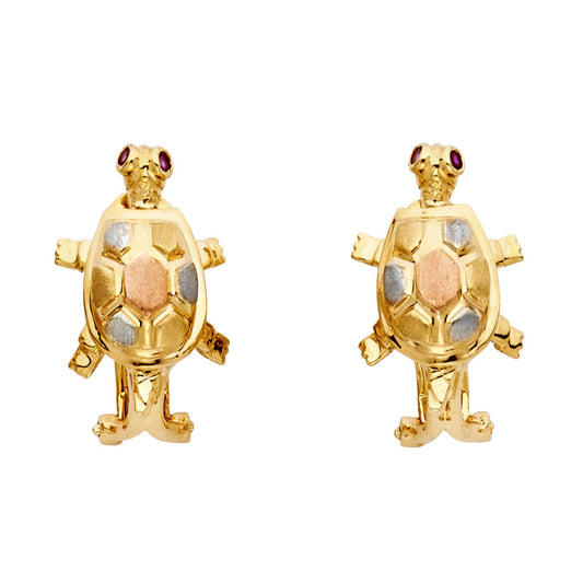14k Tri-Color Gold Cute Turtle Animal Hexagon Shell CZ Earrings