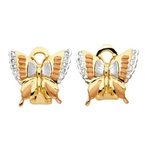 14k Tri-Color Gold Clip Lock Butterfly Clear CZ Fashion Bling Earrings