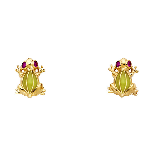 14k Yellow Gold Cute Frog Stud Animal Jungle Mosaic Earrings