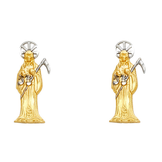 14k Two-Color Gold Santa Muerte Stud Angel of Death Grim Reaper Earrings
