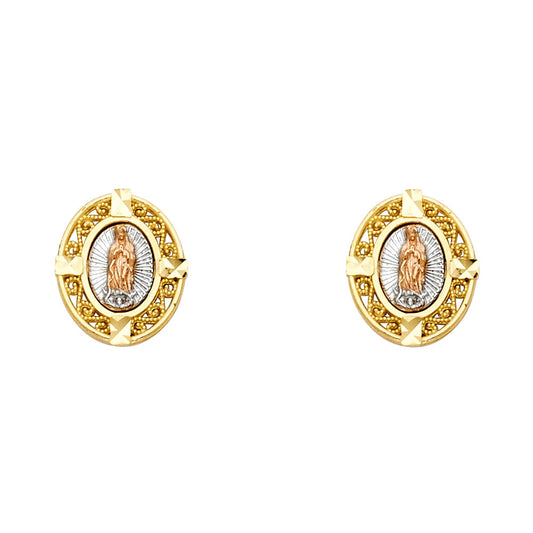 14k Tri-Color Gold Our Lady of Guadalupe Stud Filigree Swirl Spiral Earrings