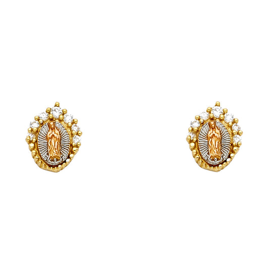 14k Tri-Color Gold Our Lady of Guadalupe Stud Catholic Studded Oval Earrings