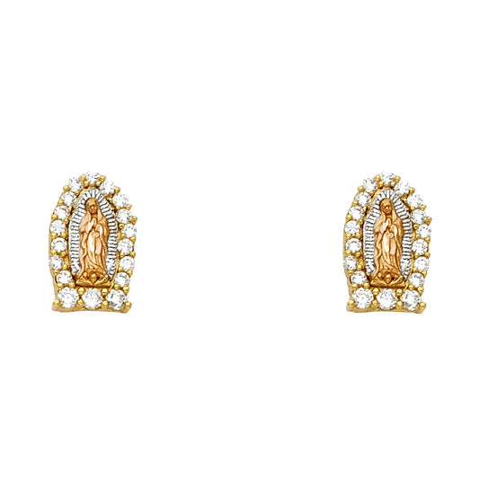 14k Tri-Color Gold Our Lady of Guadalupe Stud Studded Oval Catholic Earrings