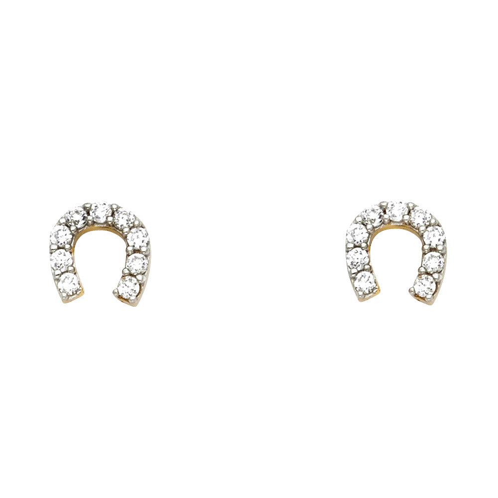 14k Yellow Gold Studded Horseshoe Stud Good Luck Earrings