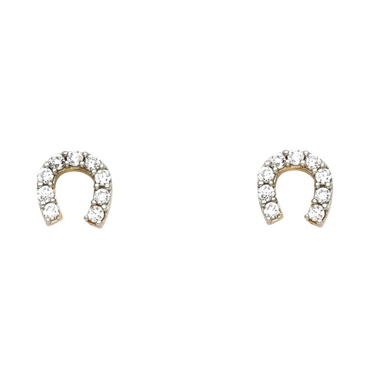 14k Yellow Gold Studded Horseshoe Stud Good Luck Earrings