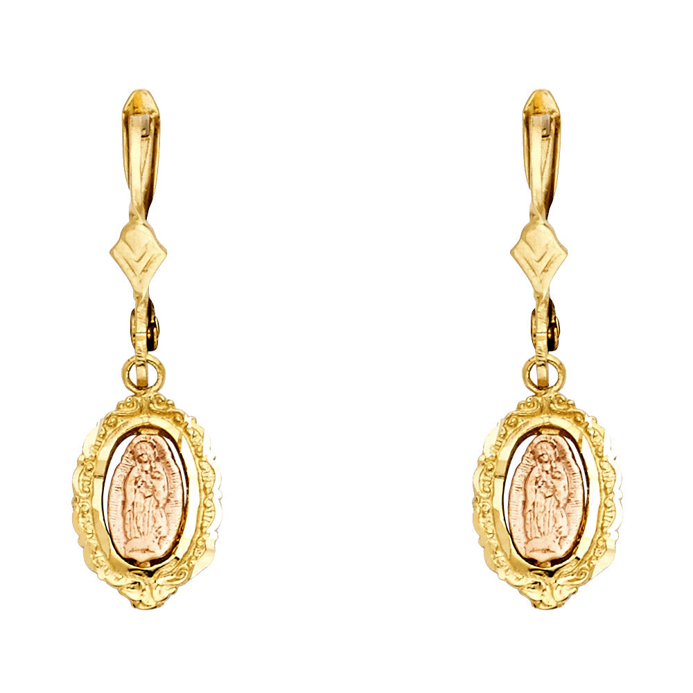 14k Two-Color Gold Scalloped Our Lady of Guadalupe Oval Catholic Earrings