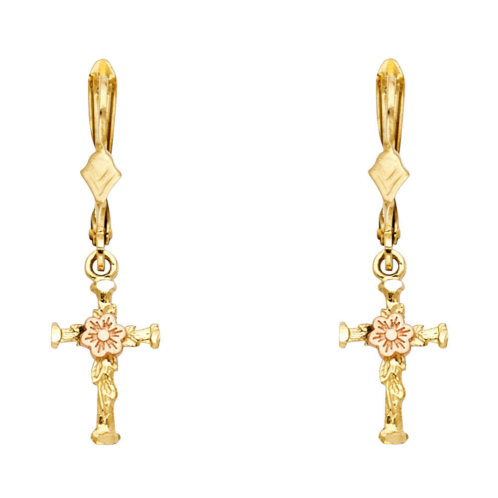 14k Two-Color Gold Elegant Studded Cross Hanging Dangling Flower Earrings