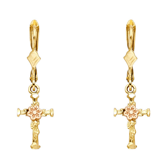 14k Two-Color Gold Elegant Studded Cross Hanging Dangling Flower Earrings