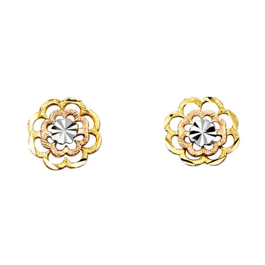 14k Tri-Color Gold Flower Stud Scalloped Edge Cutout Blossom Nature Earrings