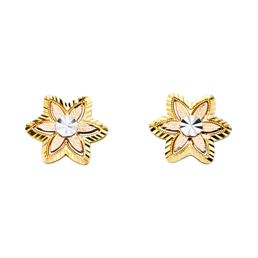 14k Tri-Color Gold Elegant Diamond-Cut Flower Stud Star Burst Earrings