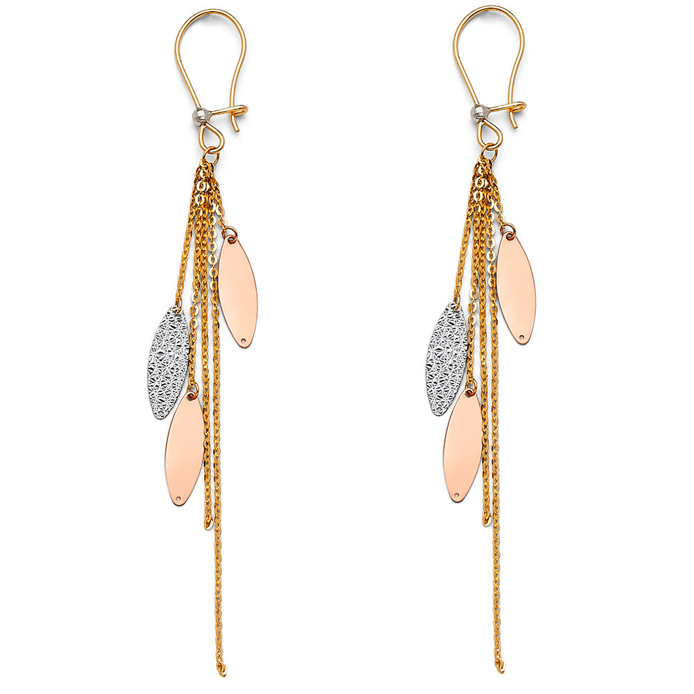 14k Tri-Color Gold Modern Hanging Tassel Elegant Oval Funky Earrings