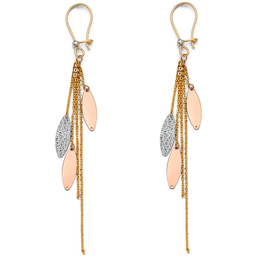 14k Tri-Color Gold Modern Hanging Tassel Elegant Oval Funky Earrings