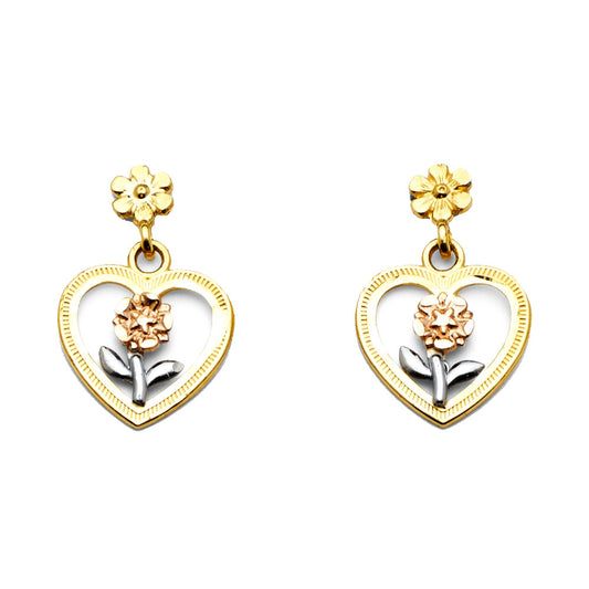 14k Tri-Color Gold Elegant Hanging Flower Vintage Cutout Dangling Earrings