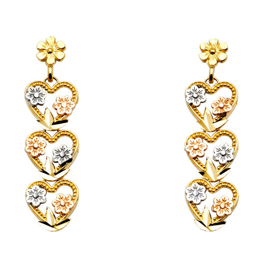 14k Tri-Color Gold Journey Promise Heart Flower Vine Nature Garden Earrings