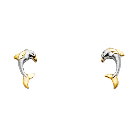 14k Yellow Gold Dolphin Stud Animal Ocean Beach Earrings