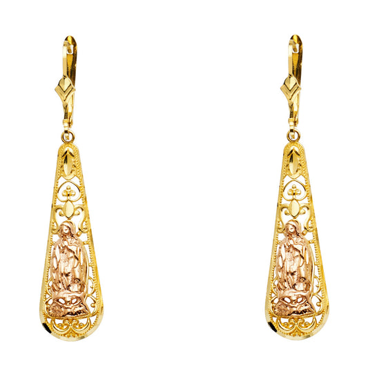 14k Two-Color Gold Ornate Our Lady of Guadalupe Teardrop Hanging Earrings