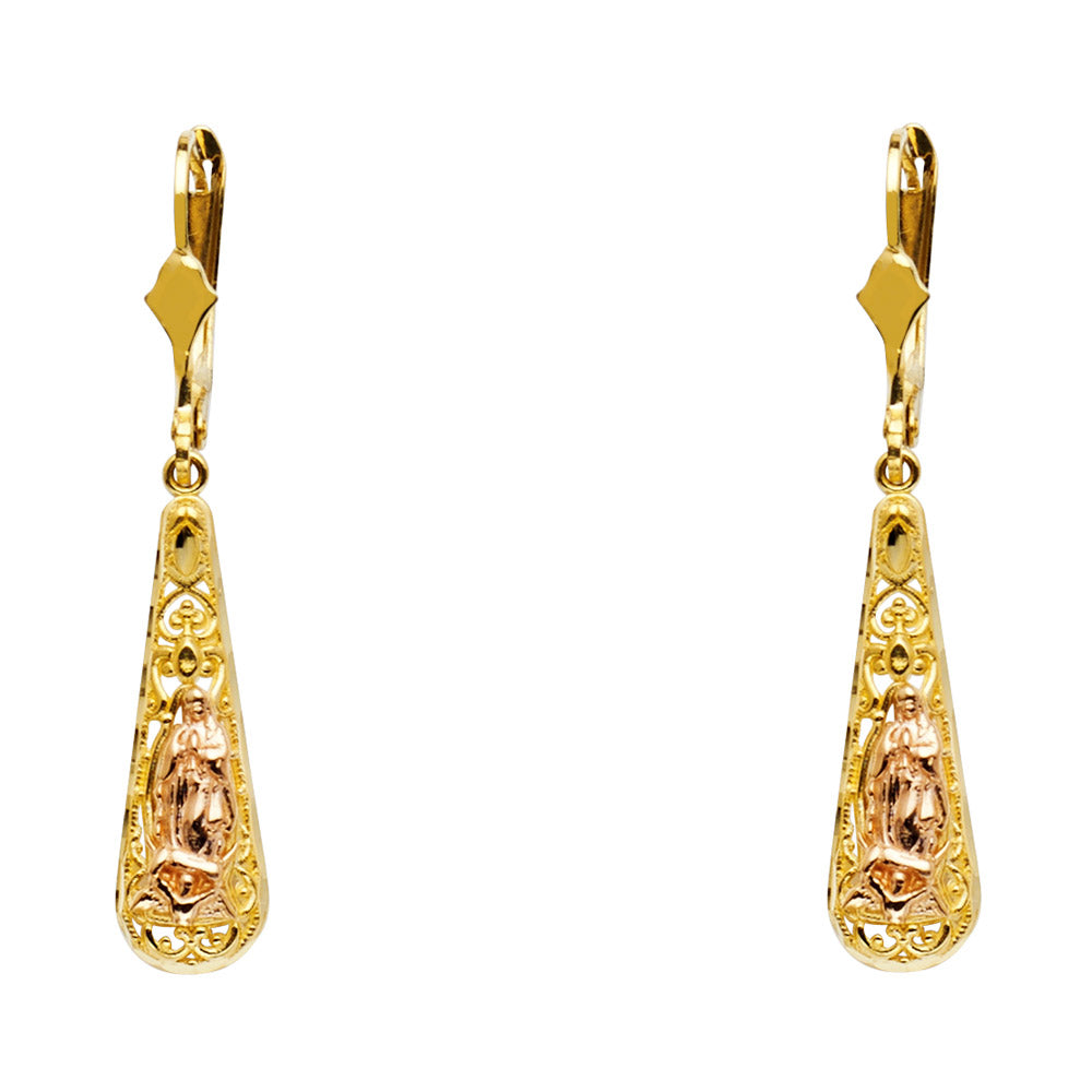14k Two-Color Gold Teardrop Our Lady of Guadalupe Earrings Virgin Mary Hanging