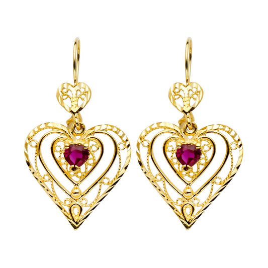 14k Yellow Gold Ornate Promise Heart Delicate Outline Filigree Swirl Earrings