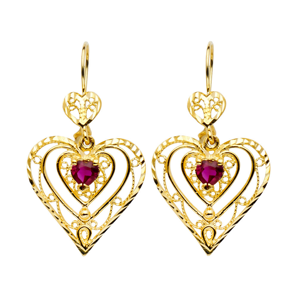 14k Yellow Gold Ornate Promise Heart Delicate Outline Filigree Swirl Earrings