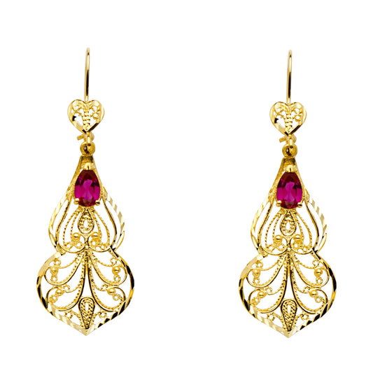 14k Yellow Gold Ornate Filigree Swirl Feather Hanging Dangling Love Earrings