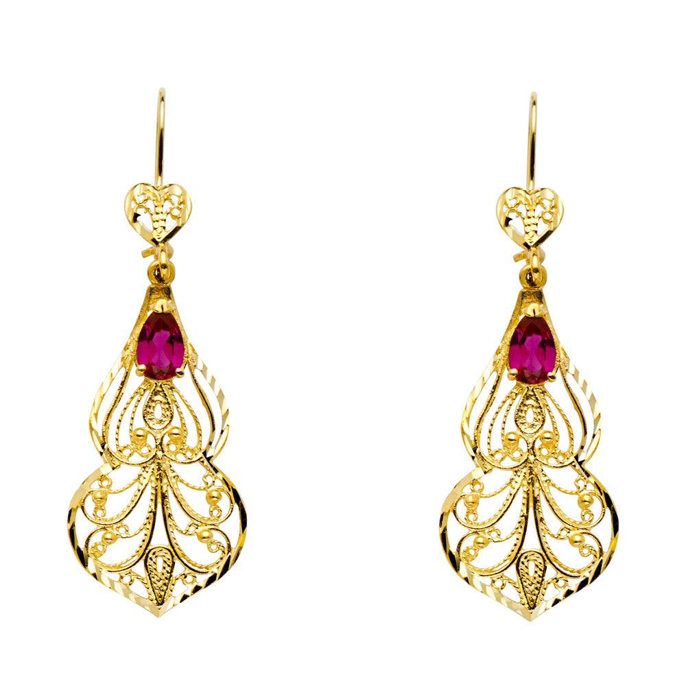 14k Yellow Gold Ornate Filigree Swirl Feather Hanging Dangling Love Earrings
