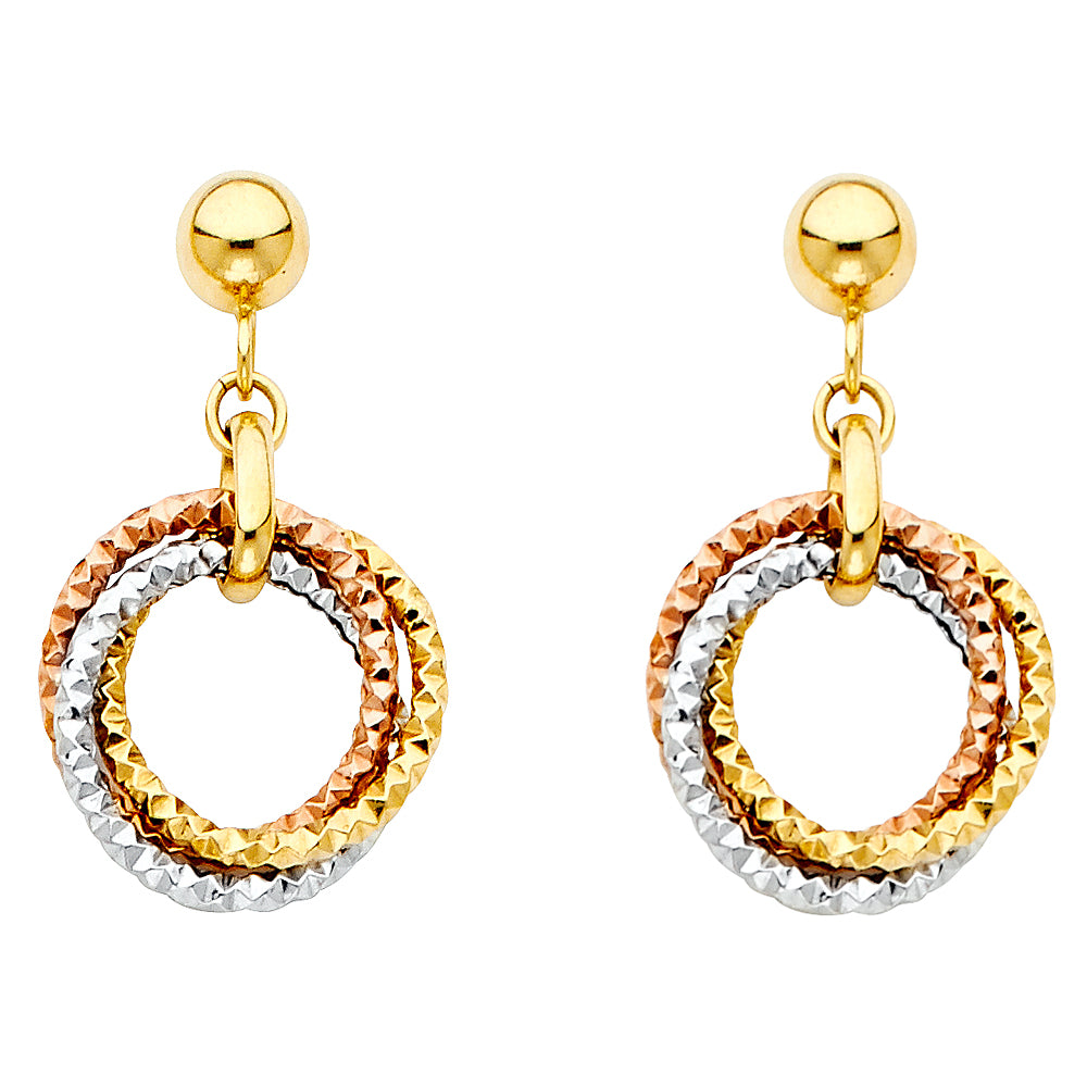 14k Tri-Color Gold Loops Hoop Hanging Dangling Rings Post Earrings