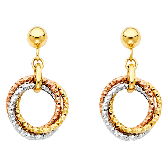 14k Tri-Color Gold Loops Hoop Hanging Dangling Rings Post Earrings