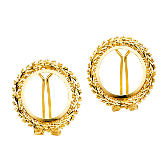 14k Yellow Gold Ornate Detailed Wreath Leaf Flower Bow Circle Hoop Earrings
