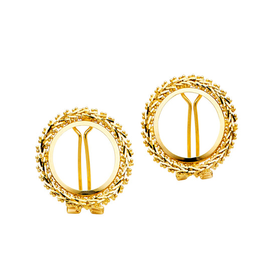 14k Yellow Gold Studded Floral Wreath Bow Ribbon Leaf Flower Circle Earrings