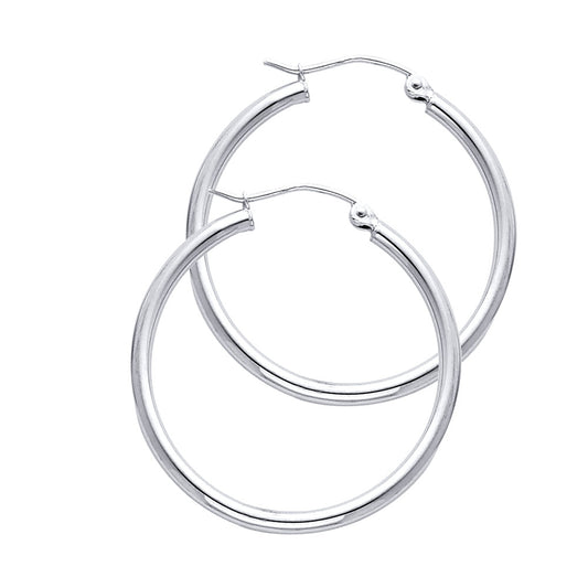14k White Gold Simple Circle Hoop High Polish Hinge Clasp Traditional Earrings