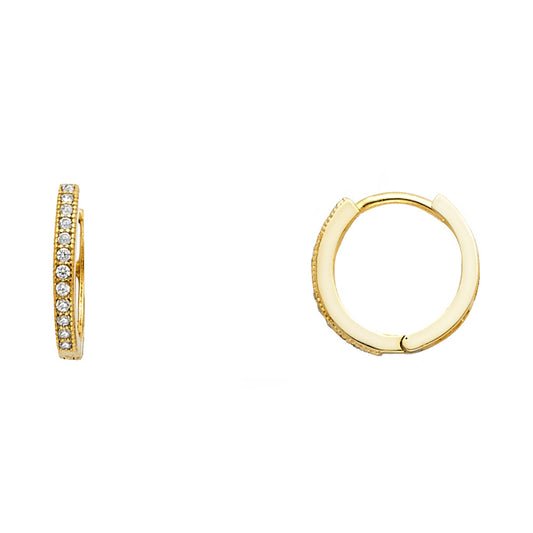 14k Yellow Gold Studded Cluster Hoop Huggie High Polish Earrings Clear CZ