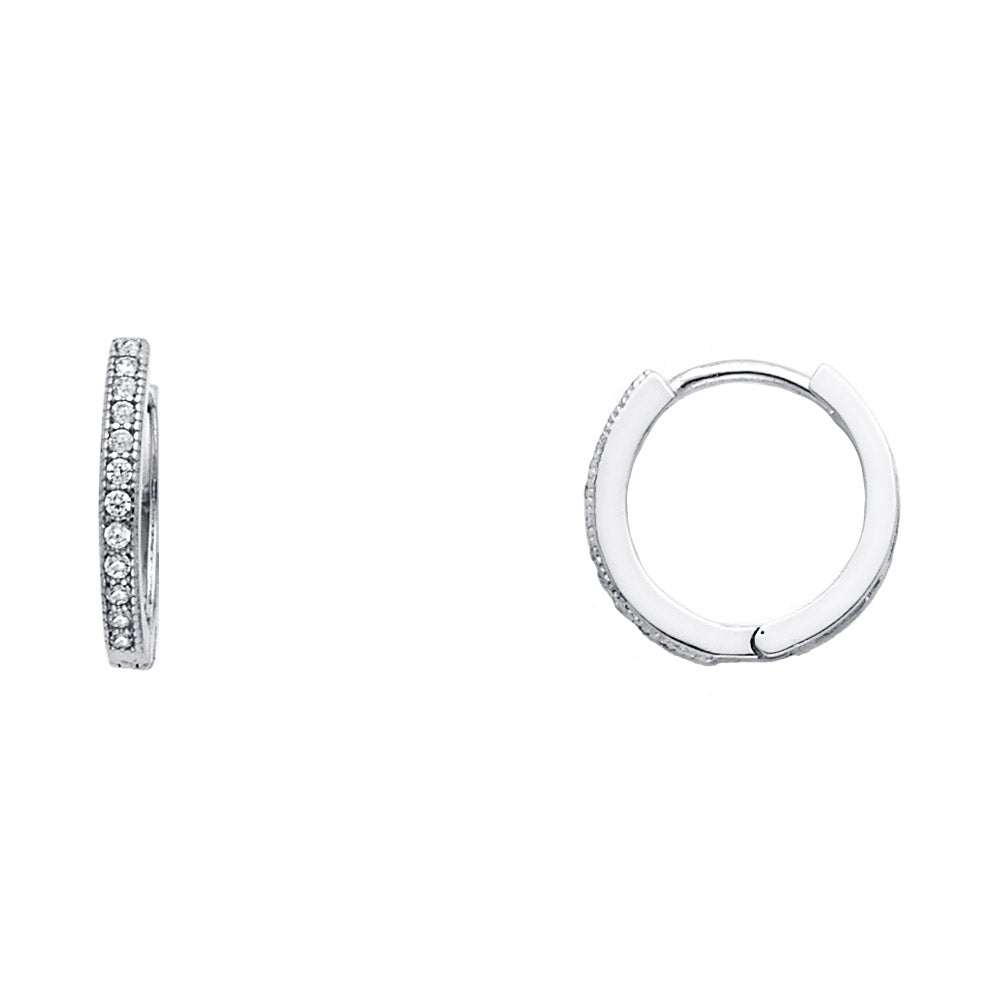 14k White Gold Studded Circle Hoop Huggie Cluster High Polish Earrings Clear CZ