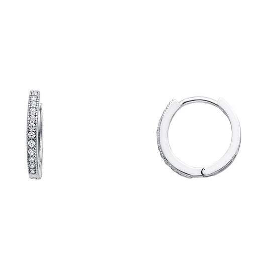 14k White Gold Studded Circle Hoop Huggie Cluster High Polish Earrings Clear CZ