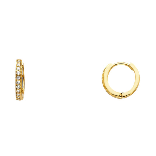 14k Yellow Gold Clear CZ Studded Hoop Huggie High Polished Fashion Earrings