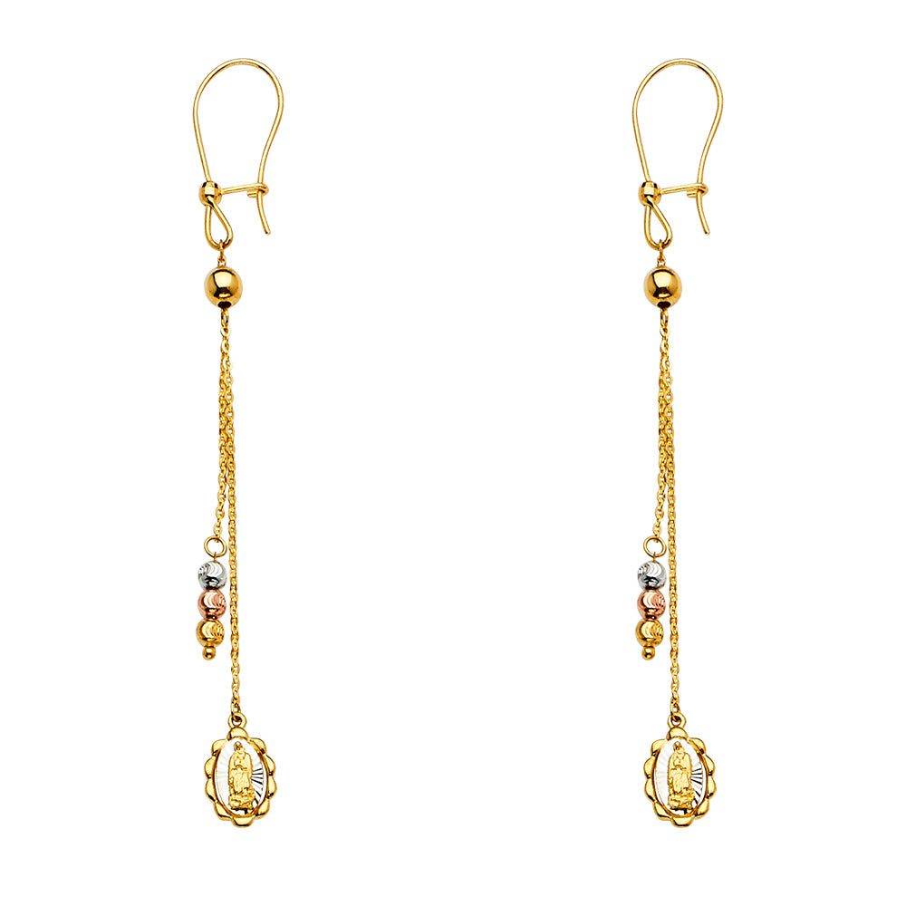 14k Tri-Color Gold Elongated Our Lady of Guadalupe Scalloped Bead Earrings