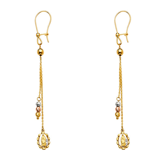 14k Tri-Color Gold Elongated Our Lady of Guadalupe Scalloped Bead Earrings