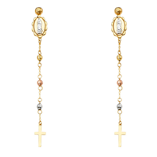 14k Tri-Color Gold Hanging Flat Cross Religious Dangling Long Chain Earrings