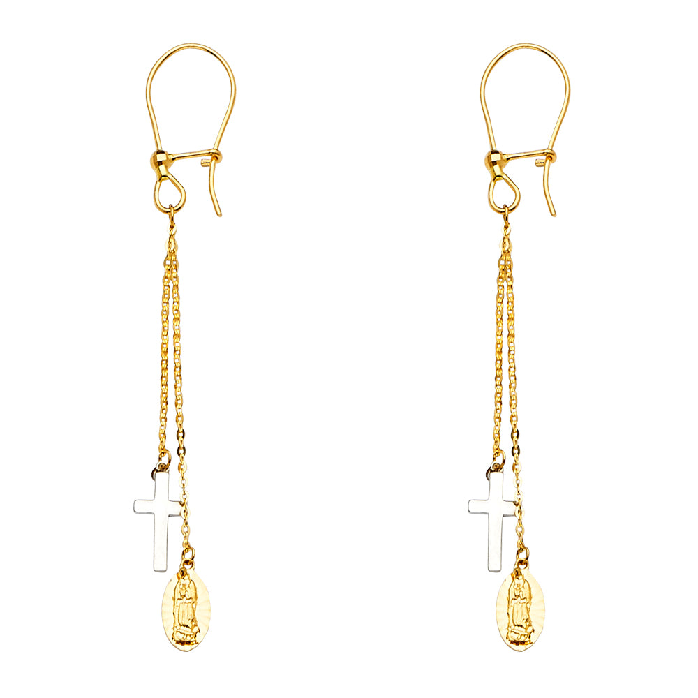 14k Tri-Color Gold Long Hanging Religious Cross Our Lady of Guadalupe Earrings