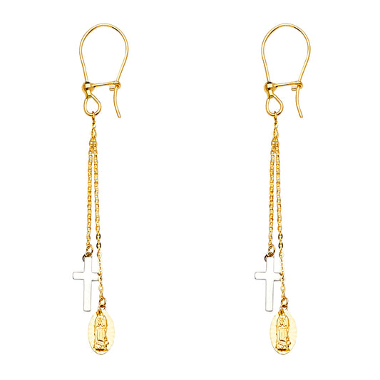 14k Tri-Color Gold Long Hanging Religious Cross Our Lady of Guadalupe Earrings