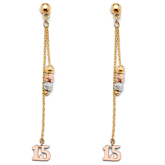 14k Tri-Color Gold Elongated 15 Tassel Bead Quinceanera Hanging Earrings