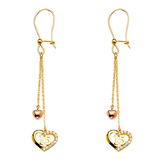 14k Tri-Color Gold Elongated Quinceanera Promise Heart Open Love Bead Earrings