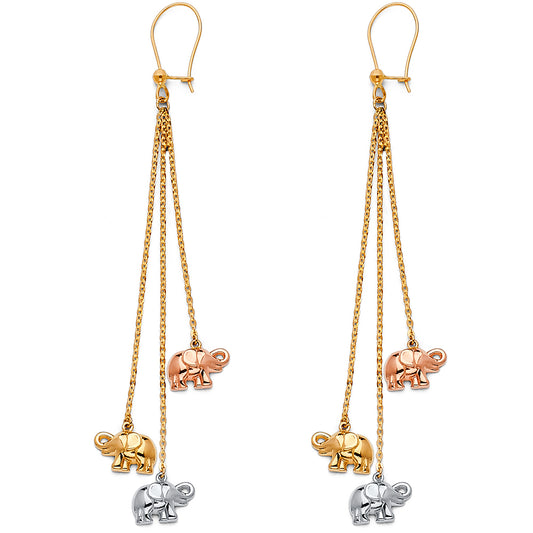 14k Tri-Color Gold Elephant Bead Hanging Dangling Animal Chandelier Earrings