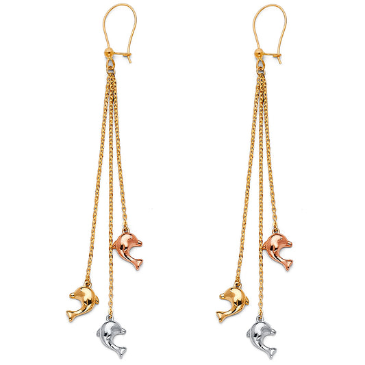 14k Tri-Color Gold Dolphin Bead Hanging Animal Earrings